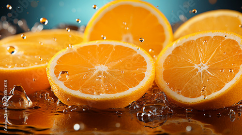 Appetizing cut orange fruits with drops of juice