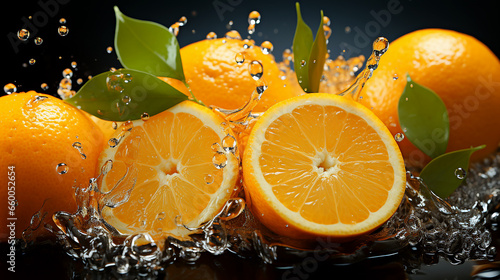 Appetizing cut orange fruits with drops of juice