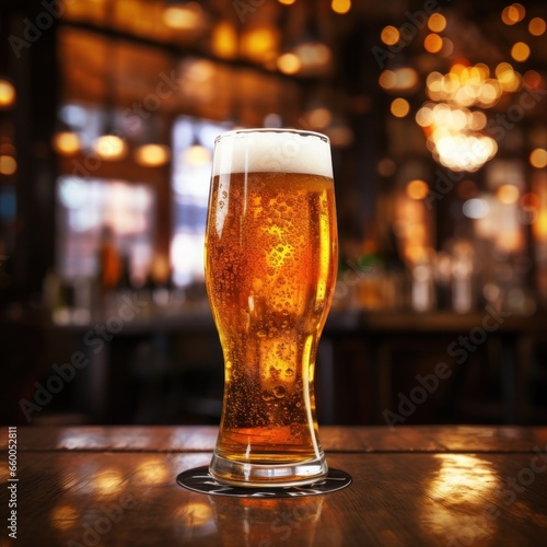 full glass of cold beer with foam on table in an illuminated bar in high quality and resolution