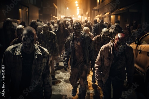 Zombie Horde Walks through a City at Night