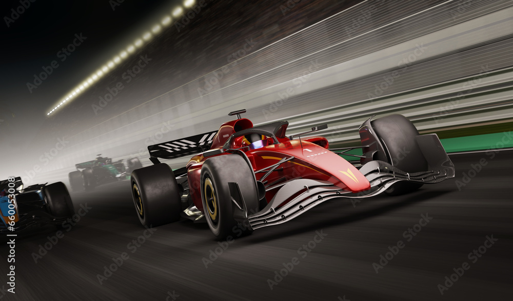 Race cars on night track without any branding - 3D rendering
