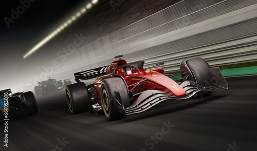 Race cars on night track without any branding - 3D rendering photo