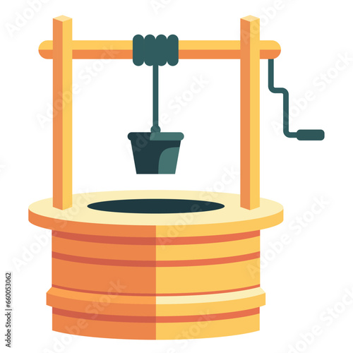 Water well with a round opening at the top flat style vector illustration, old style water well with a rope and bucket and lever stock vector image