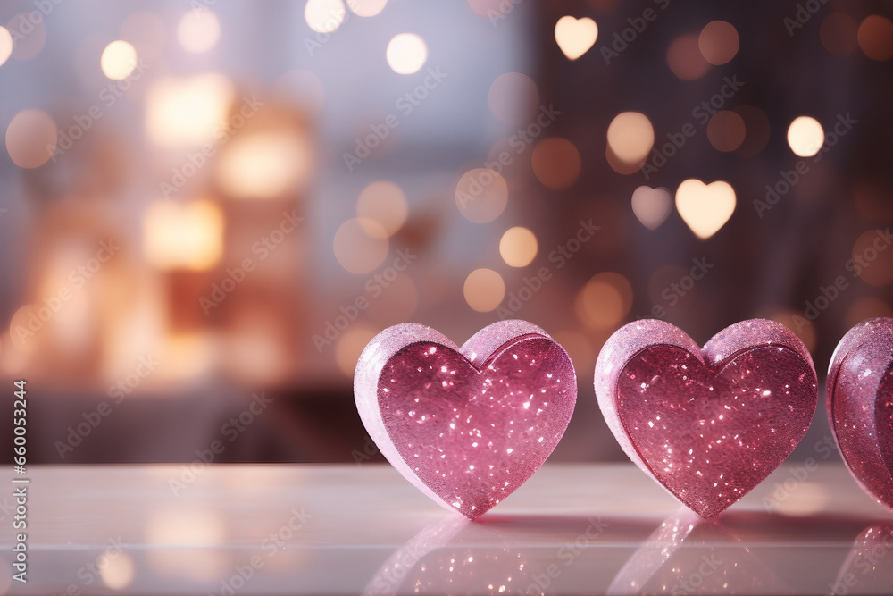 Sparkling Love, Glittery Pink Hearts Illuminated on a Shimmering Valentine's Day Background Sparkling Love, Glittery Pink Hearts Illuminated on a Shimmering Valentine's Day Background