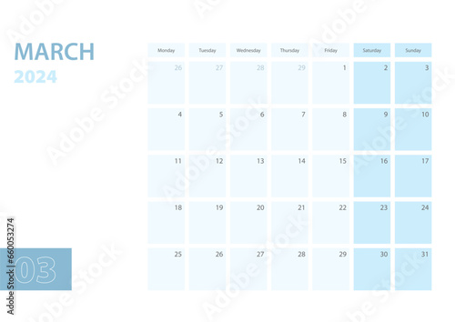 Calendar template for the March 2024, the week starts on Monday. The calendar is in a blue color scheme.