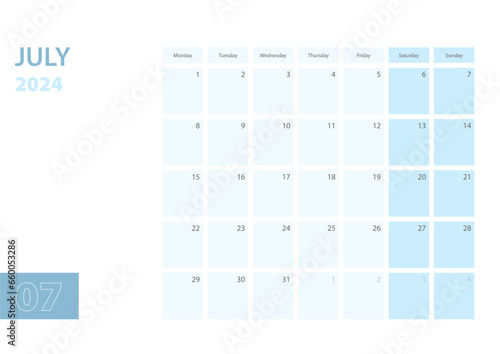 Calendar template for the July 2024, the week starts on Monday. The calendar is in a blue color scheme.
