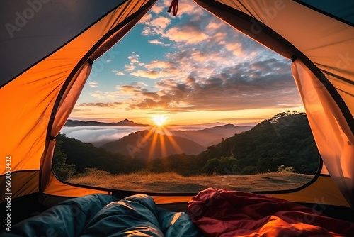 Sunrise view from camping tent