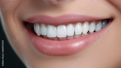 Closeup of beautiful female lips with healthy white teeth. Dentistry concept