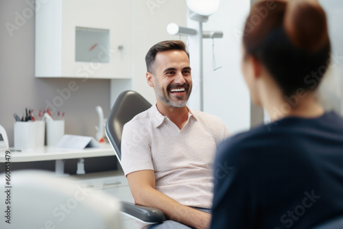 Smiling young european man with a mustache at a doctor's consultation in a hospital in support of men's health and movember global community