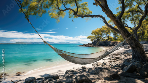 Experience the magic of a tropical paradise with trees, turquoise seas, and a swaying hammock. Bliss awaits.  © apratim