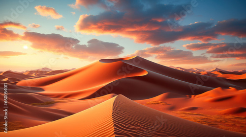 Journey to a surreal desert with towering sand dunes  a setting sun  and boundless solitude. Otherworldly. 