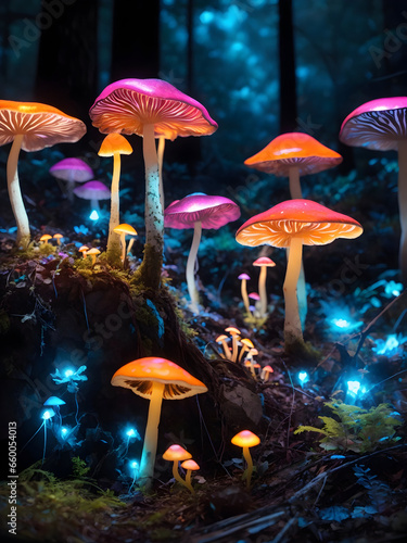 bioluminescent mushrooms illuminating the dark forest with a vivid array of colors at night.Mushrooms that glow in different colors at night in the dark forest.