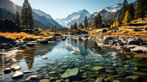 Reflect on the grandeur of snowy peaks mirrored in an alpine lake, an awe-inspiring wilderness. 
