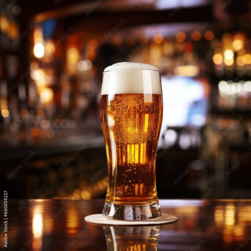 glass full of ice cold beer foam on a bar glass full of ice cold beer foam on a bar