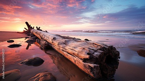 Relax on a serene beach with gentle waves, sunrise hues, and a lonely driftwood log. A coastal paradise. 