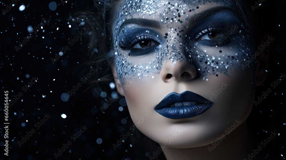 A night-themed look with a model's face in deep navy blue powder makeup, with specks resembling stars A night-themed look with a model's face in deep navy blue powder makeup, with specks resembling stars