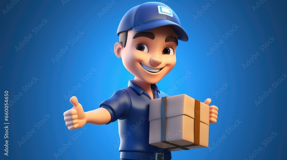 3d Illustration Courier Delivery a Package Isolated Blue Background