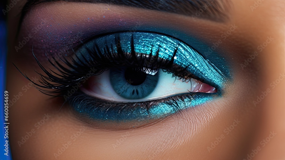Close-up of a model's face with vibrant powder blue eyeshadow, highlighting the contrast with their eyes