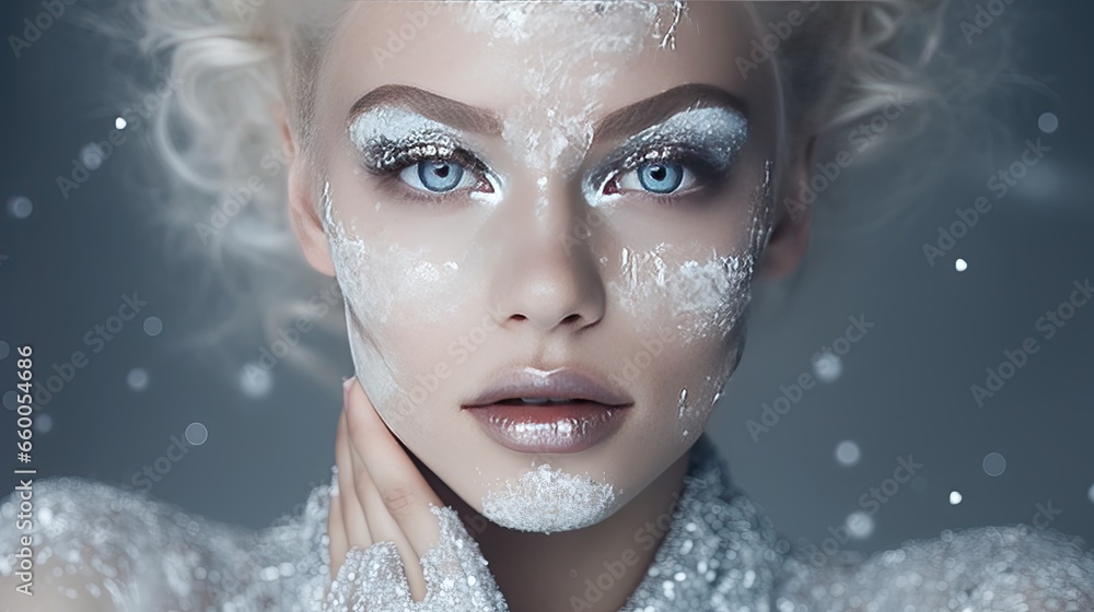Model showcasing an ethereal look with silver powder makeup, highlighting the temples and nose bridge
