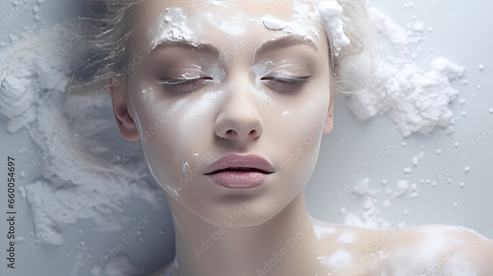 Ethereal theme with a model's face dusted in white powder makeup, with emphasis on the eyes and lips Ethereal theme with a model's face dusted in white powder makeup, with emphasis on the eyes and lips