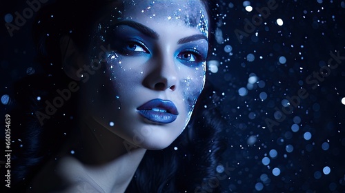 A night-themed look with a model's face in deep navy blue powder makeup, with specks resembling stars