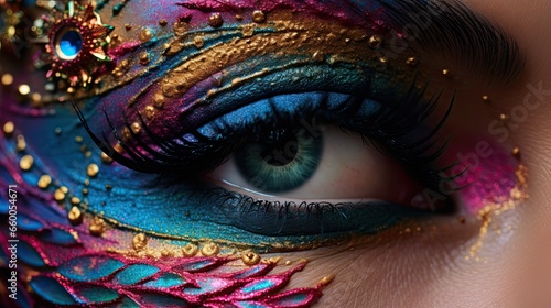 Close-up of a model's eyelids with intricate designs using multicolored powder makeup