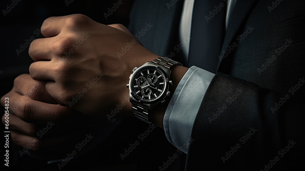 Suit Man Wearing a Luxury Watch Dark Photography - obrazy, fototapety, plakaty 