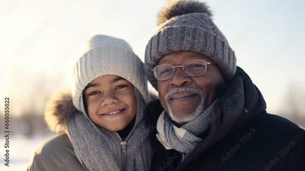 Happy African American grandfather in a gray scarf and his grandson walking in the park in winter. AI Generated