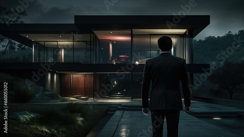 Suit Man Walking in Front of Modern Luxury Home Photography