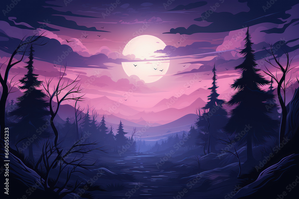 Mystical mysterious fog in the forest and mountains at sunset, illustration
