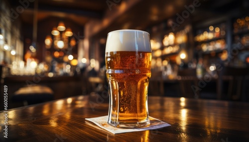 Glass of light beer on a dark pub. 