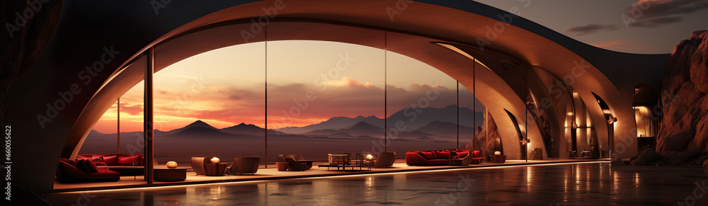 Futuristic House In The Desert.  Illustration On The Theme Of Architecture And Interiors, Design And Planning. Generative AI - obrazy, fototapety, plakaty 