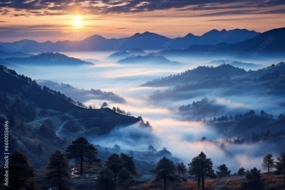Mystical mysterious fog over the forest tops with a view of the mountains at dawn