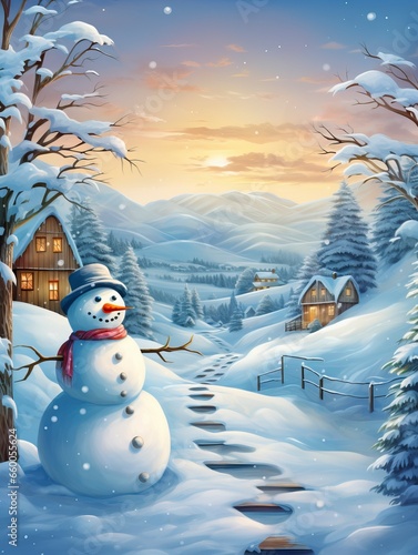 A snowman's journey through a winter landscape. light backgroud, generative ai © Nia™