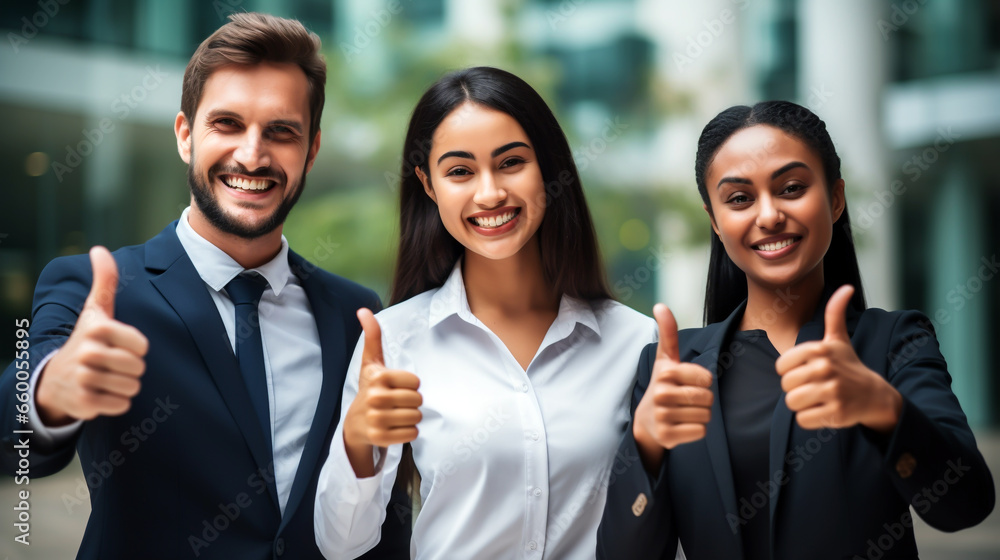 THUMBS UP. TEAM, GROUP OF POSITIVE BUSINESS PEOPLE GIVING THUMBS UP AND SMILING. image created by legal AI THUMBS UP. TEAM, GROUP OF POSITIVE BUSINESS PEOPLE GIVING THUMBS UP AND SMILING. image created by legal AI
