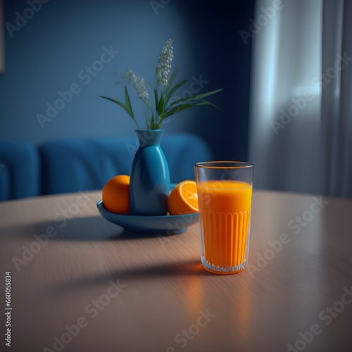 A glass of orange juice on a table in a blue interior photorealistic hdr 8k High quality render v4 169 realistic sharp focus studio photo  photo