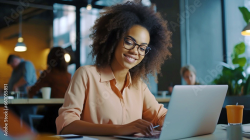 SMILING AFRICAN BUSINESSWOMAN MANAGER WORKING IN OFFICE LOOKING AT LAPTOP AND WATCHING ONLINE WEBINAR WITH HER PARTNERS. image created by legal AI