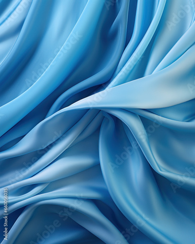 Background of flowing shiny blue satin or silk, fashionable bright background of smooth silky fabric