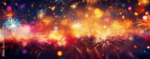 Fireworks at New Year and copy space, New Year Fireworks Celebration, Colorful Night Sky Display, 
Happy Holidays winter season, Vibrant Midnight multi-colored  Show for Annual Event
 photo