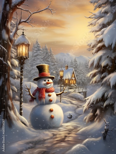 A snowman's journey through a winter landscape. light backgroud, generative ai