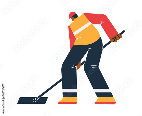 Worker in overalls with a tool, vector illustration in flat style. Isolated in white