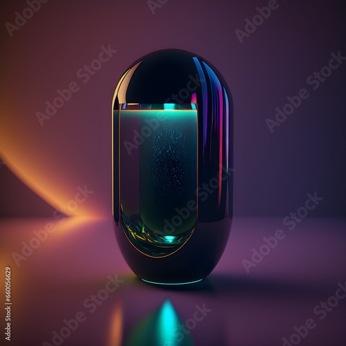 black minimalistic contemporary capsule mostly closed but a small glass opening Frosted glass Energy charging cyberpunk Unreal Engine Cinematic Color Grading portrait Photography Shot on 50mm lense 