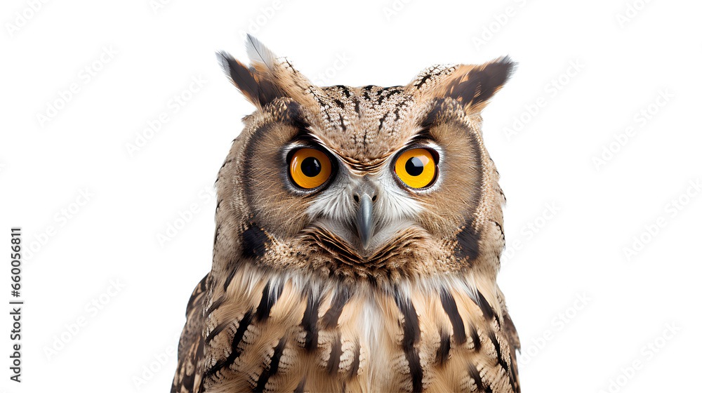 Obraz premium A close up of a european eagle owl perched on a post and staring forward. the eyes are penetrating the viewer. Isolated on Transparent background.