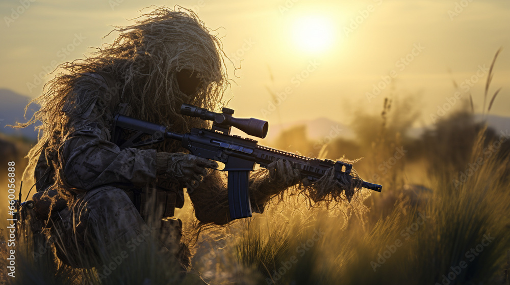 On the firing range, a sharpshooter in a ghillie suit takes aim with a high-powered rifle, the target downrange illuminated by bright sunlight.  - obrazy, fototapety, plakaty 