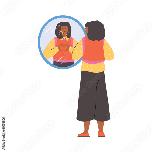 Pretty black woman looking in the mirror and showing heart with hands, vector round mirror with reflection love yourself