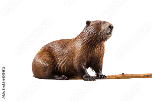 Portrait of Brown Beaver sitting isolated on transparent png background, Animal in the jungle, wildlife and habitat concept, Environmental Conservation. photo