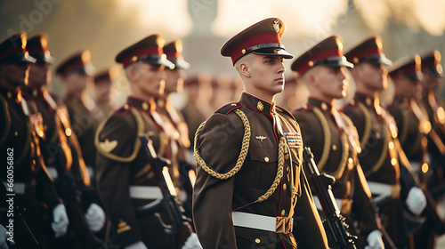 A group of soldiers in crisp uniforms stands at attention on a parade ground, their gleaming rifles held with precision.  photo