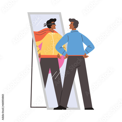 Young black man looking in mirror and imagine that he is brave superhero in mask and cape, vector positive illustration