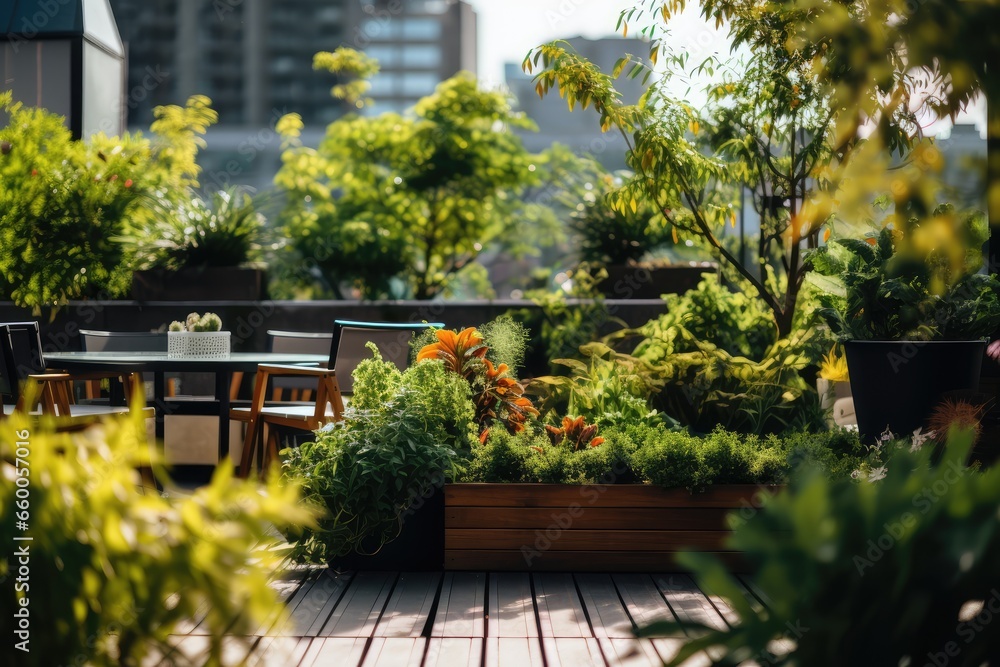 Urban rooftop garden with various plants and seating areas, capturing sustainable living in the city - AI Generated