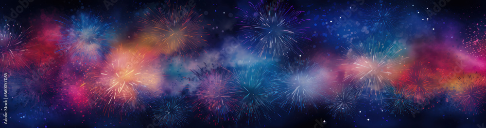 Joyful New Year's Eve Party Banner - Vibrant Celebration Illustration. Generative AI - obrazy, fototapety, plakaty 